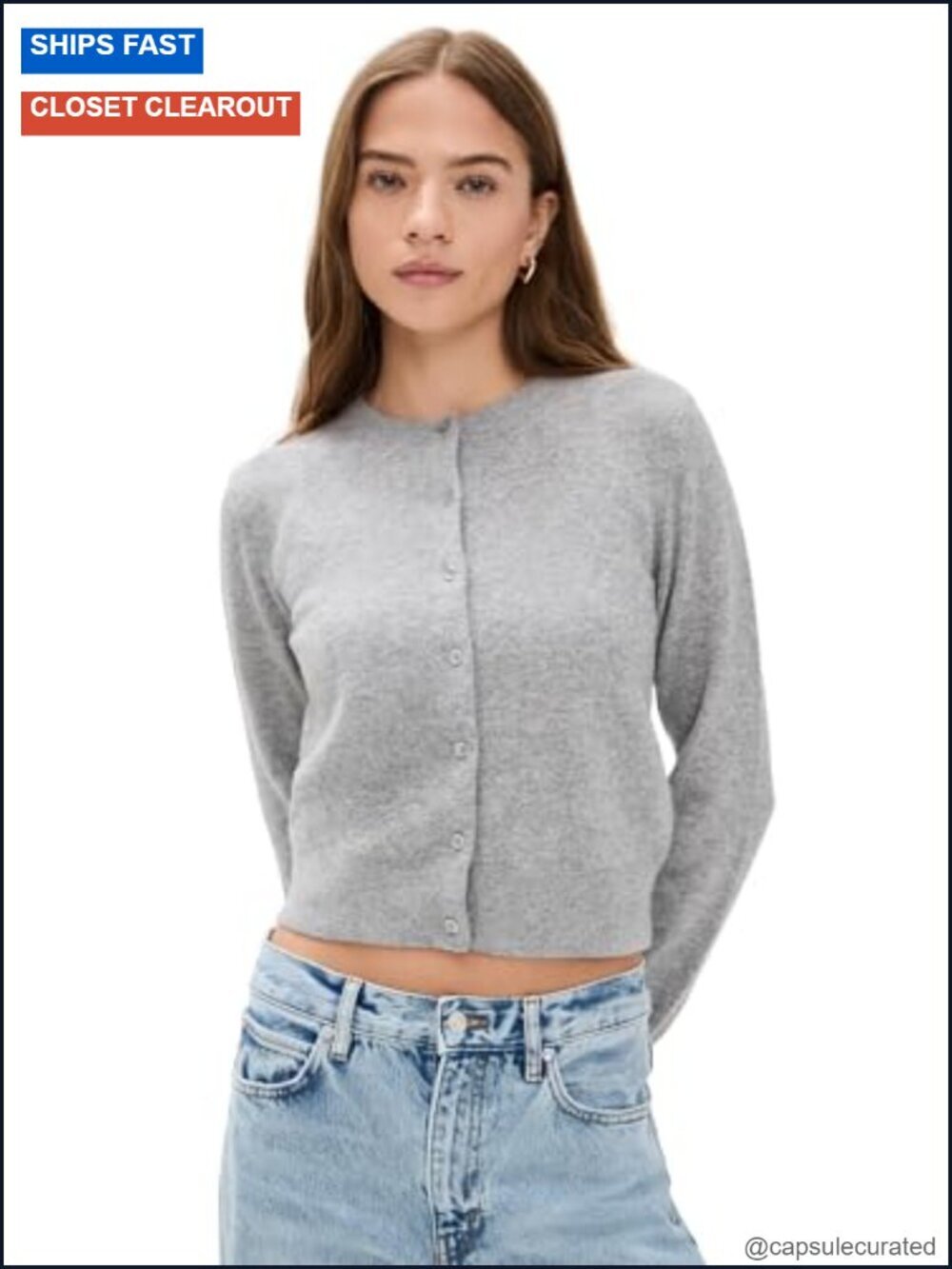 Cashmere Crewneck Cardigan with Button Placket